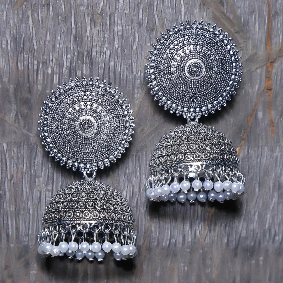 Combo of 2 White and Silver Pearls Dome Shape Jhumki