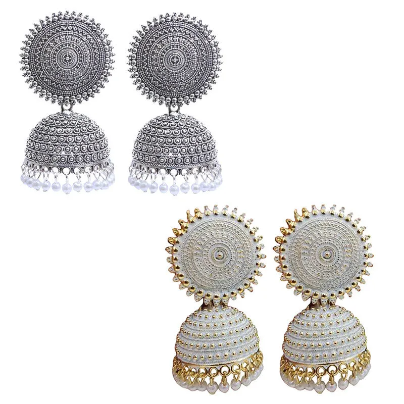 Combo of 2 White and Silver Pearls Dome Shape Jhumki