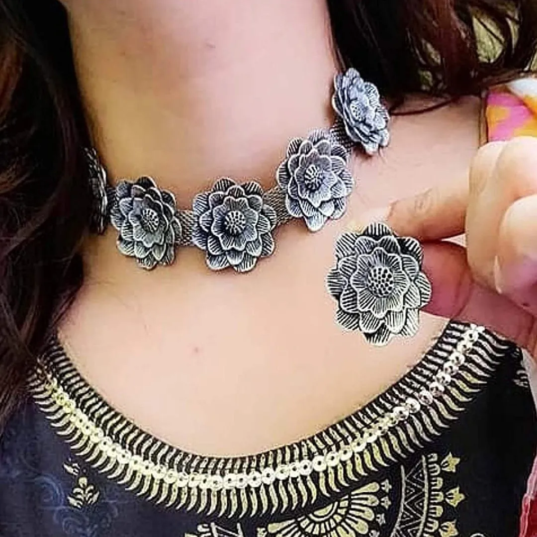 Combo of Silver Flower Jewelry Set and Jhumki