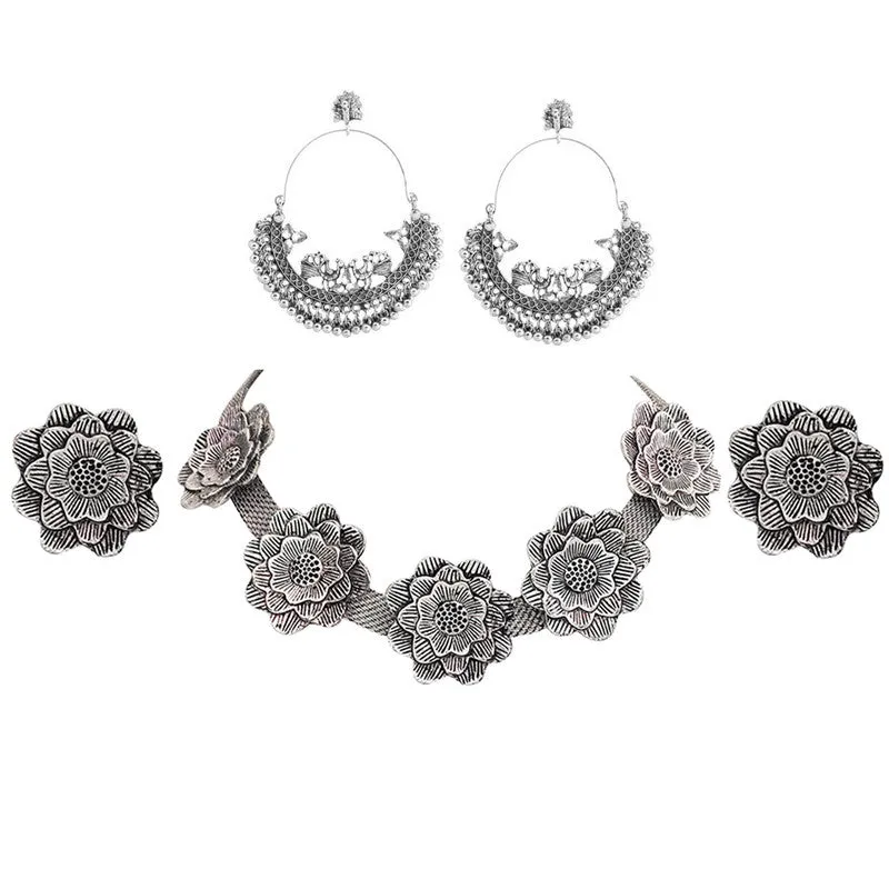 Combo of Silver Flower Jewelry Set and Jhumki