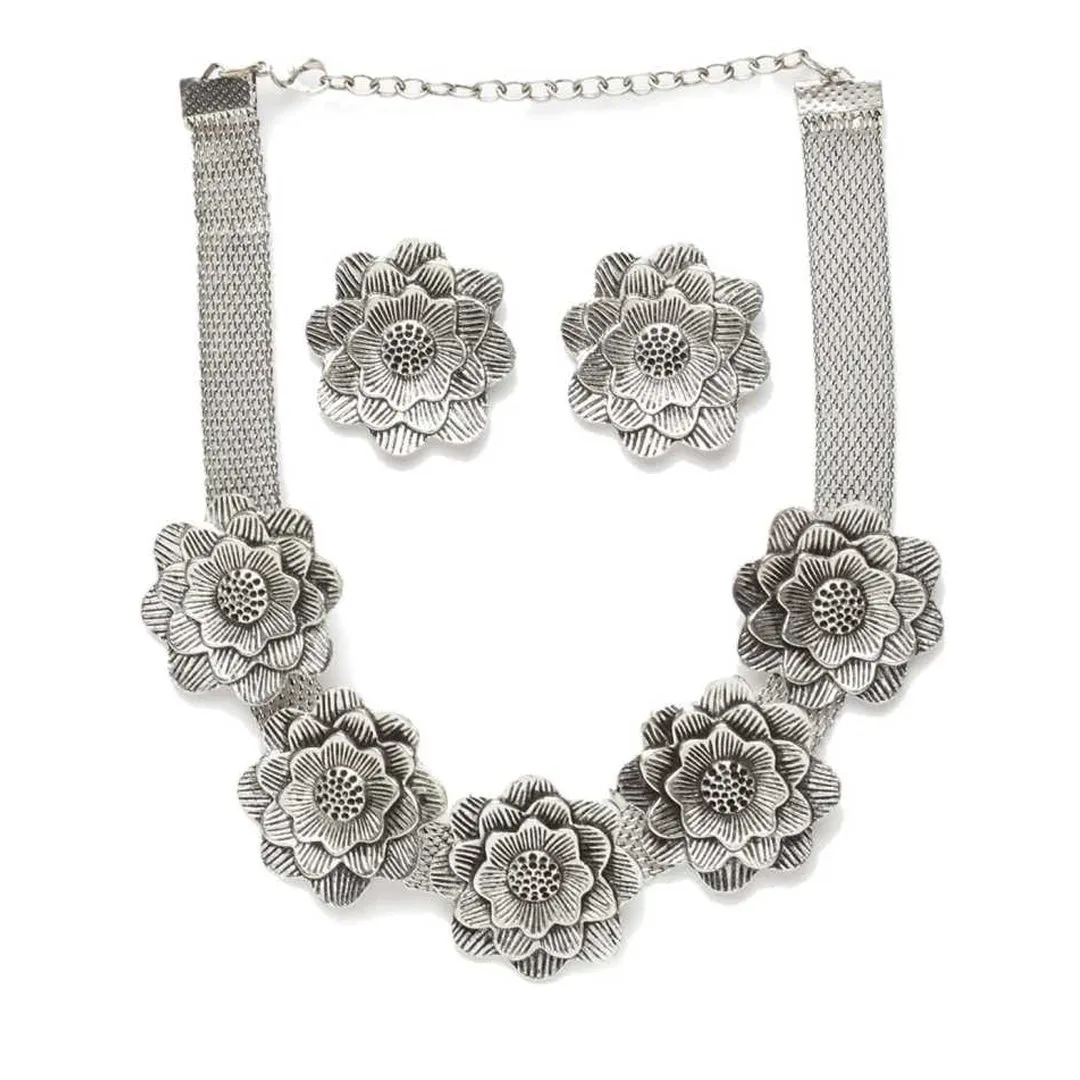 Combo of Silver Flower Jewelry Set and Jhumki