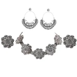 Combo of Silver Flower Jewelry Set and Jhumki