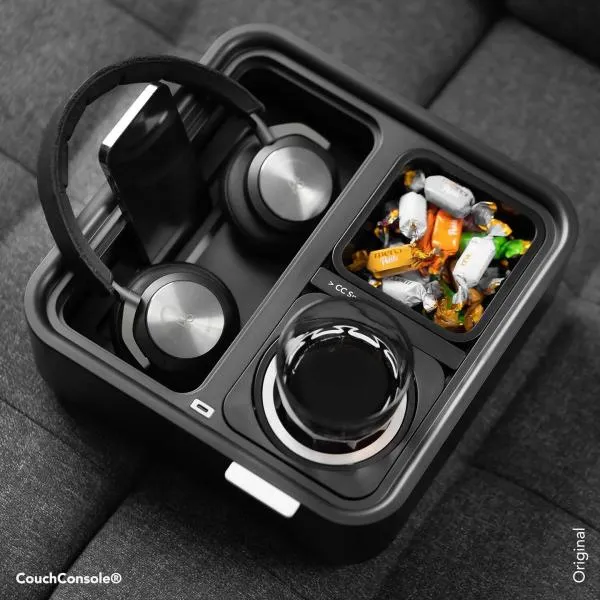 CouchConsole - Cup Holder with Phone Stand Tray (Dark Grey)