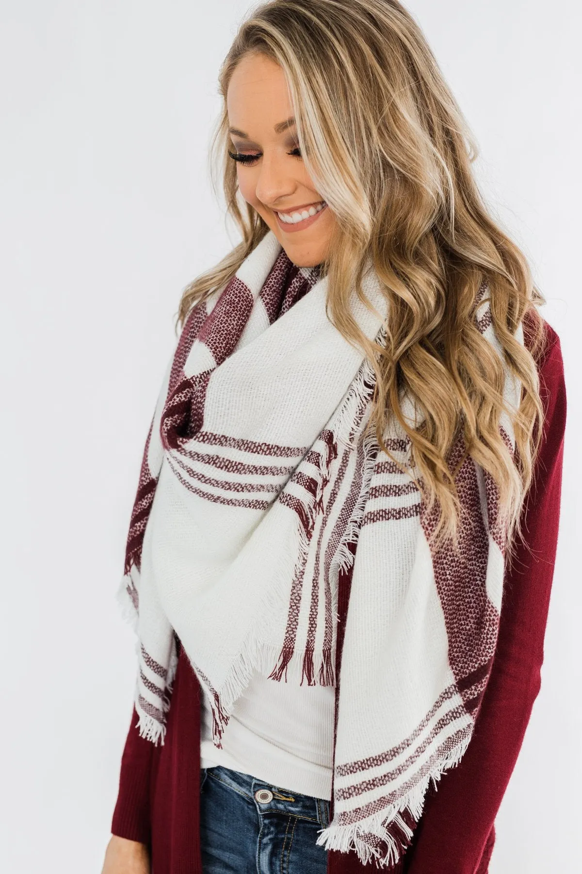 Cozy Blanket Scarf- Cream & Burgundy