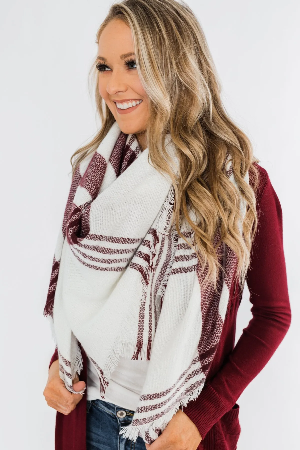 Cozy Blanket Scarf- Cream & Burgundy