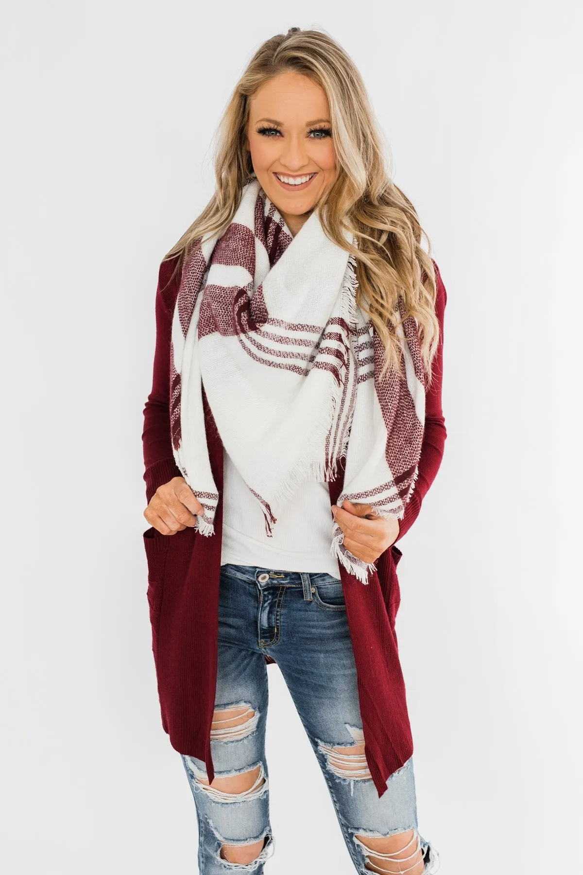 Cozy Blanket Scarf- Cream & Burgundy