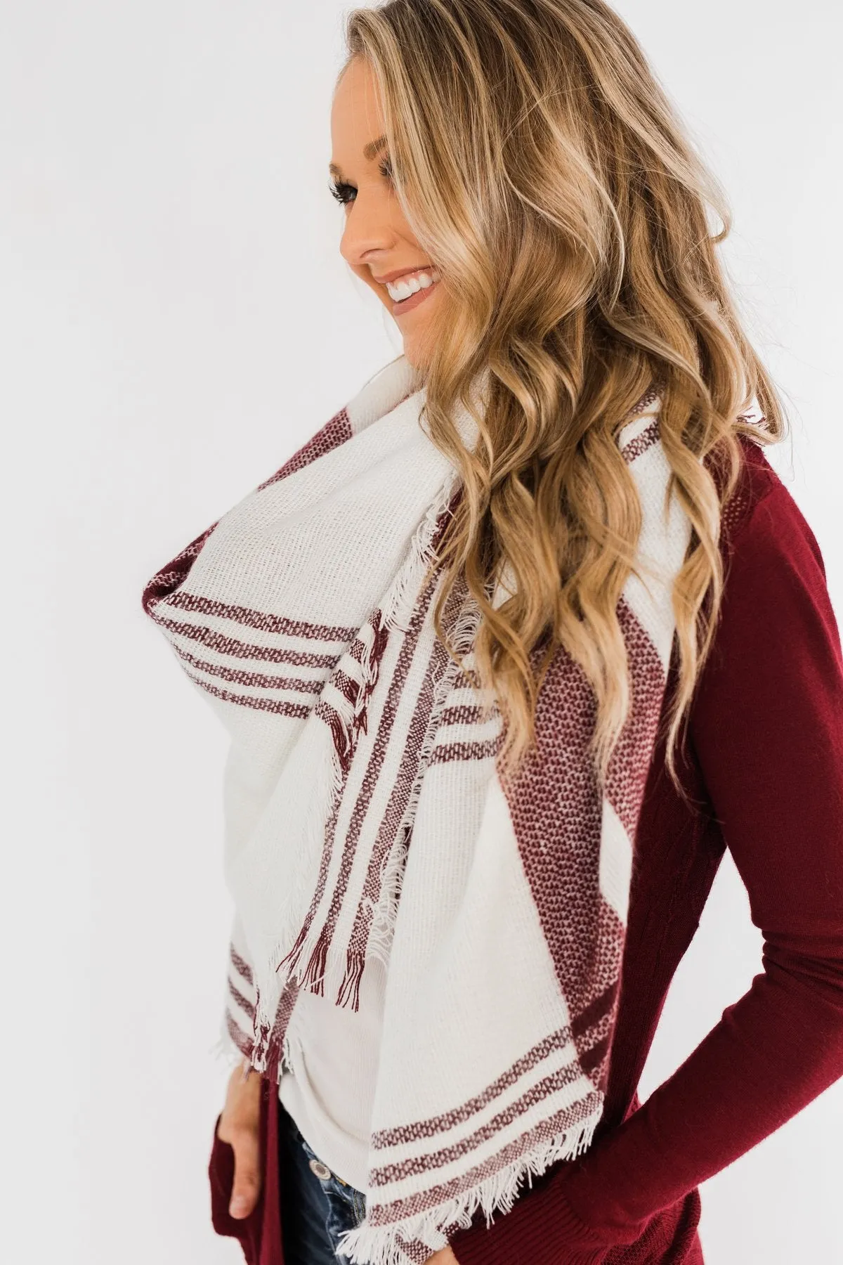 Cozy Blanket Scarf- Cream & Burgundy