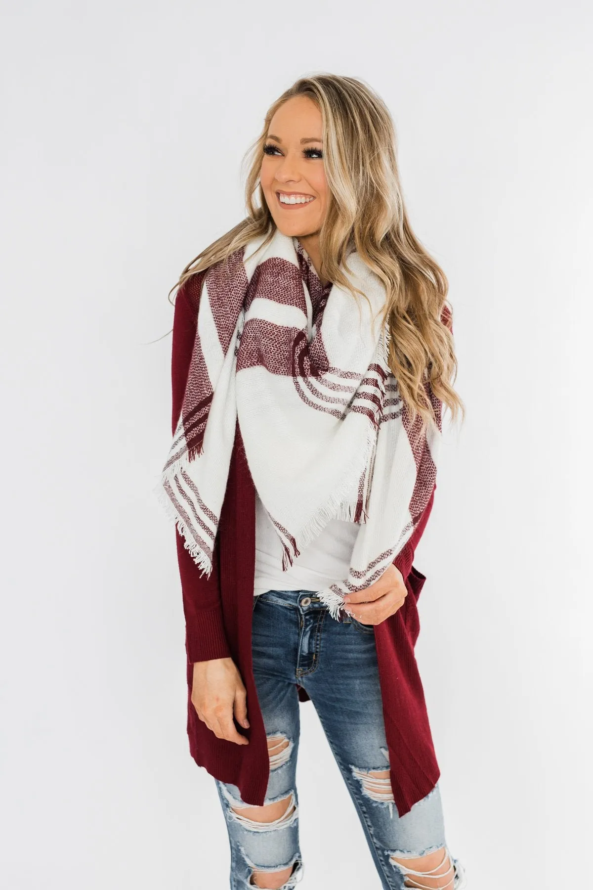 Cozy Blanket Scarf- Cream & Burgundy