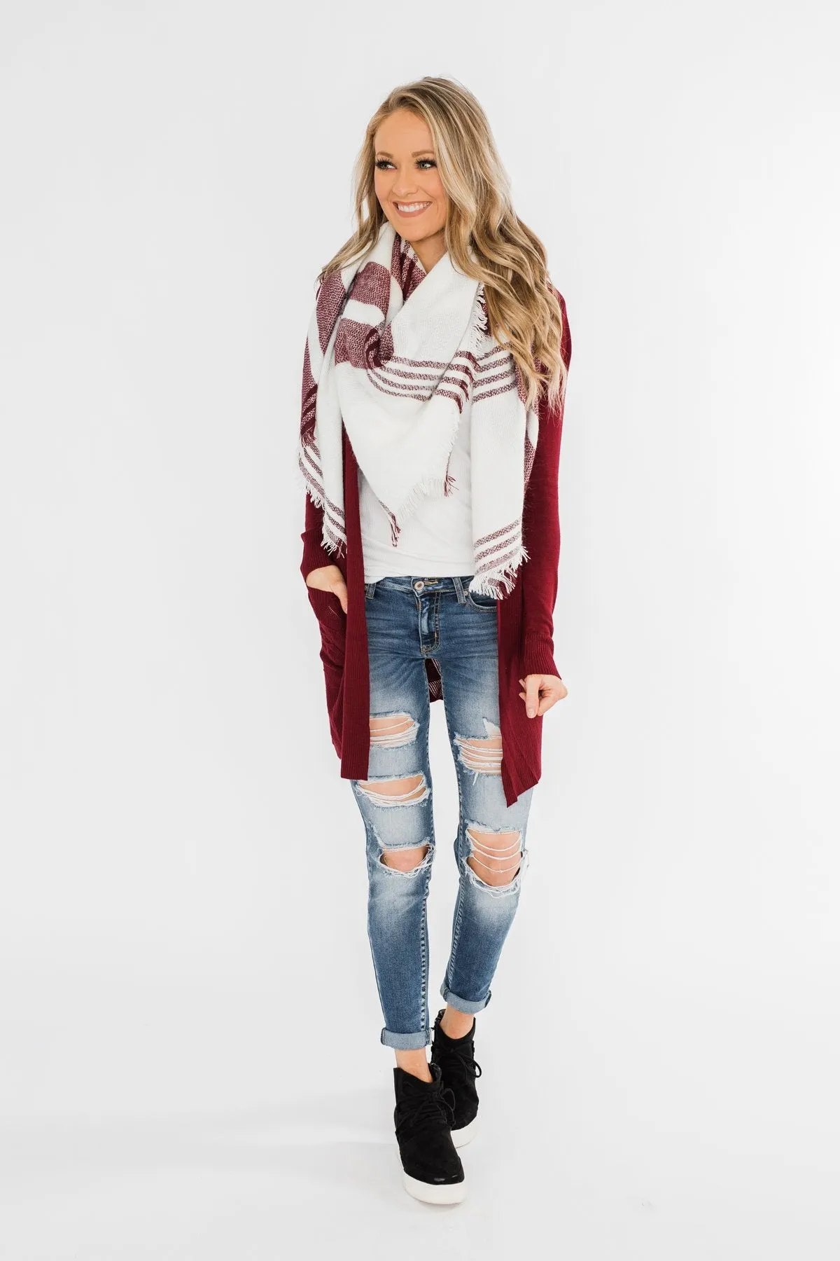 Cozy Blanket Scarf- Cream & Burgundy