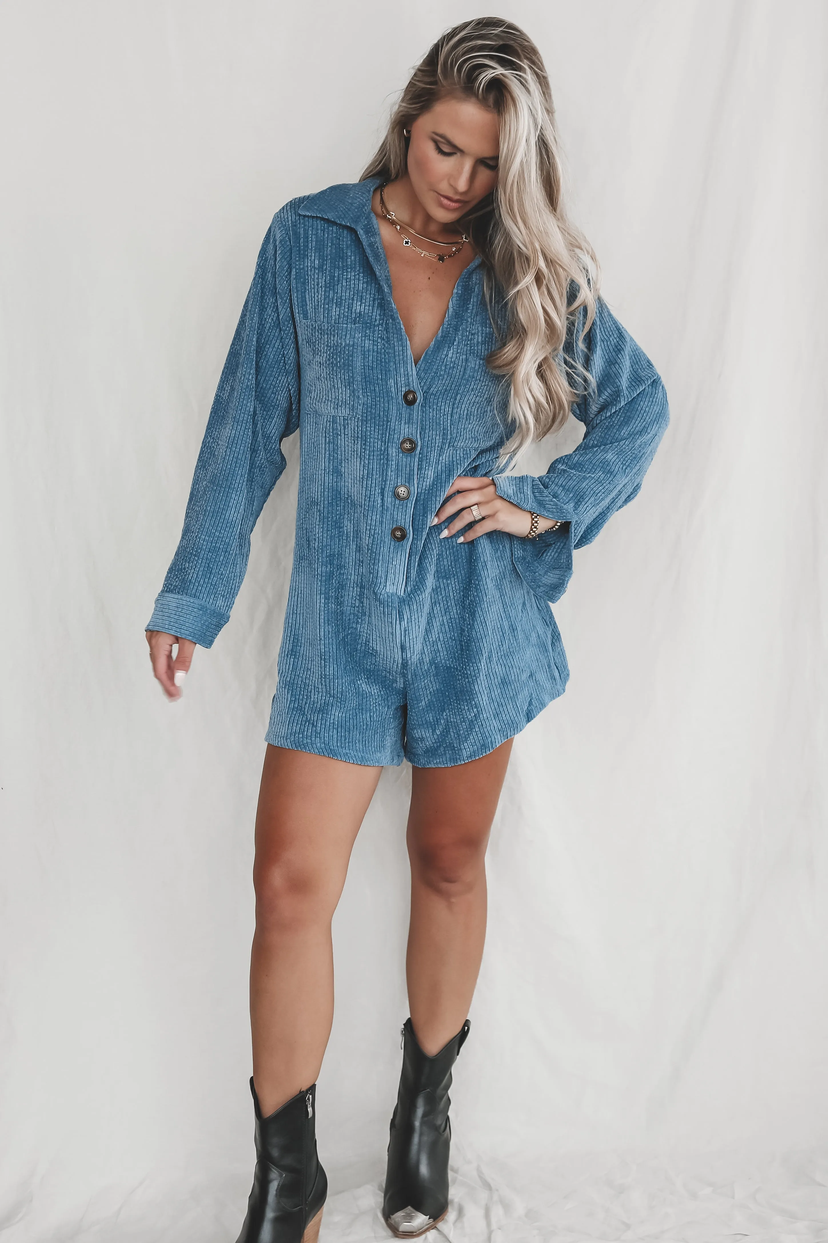 DEAL Bright And Early Blue Corduroy Romper