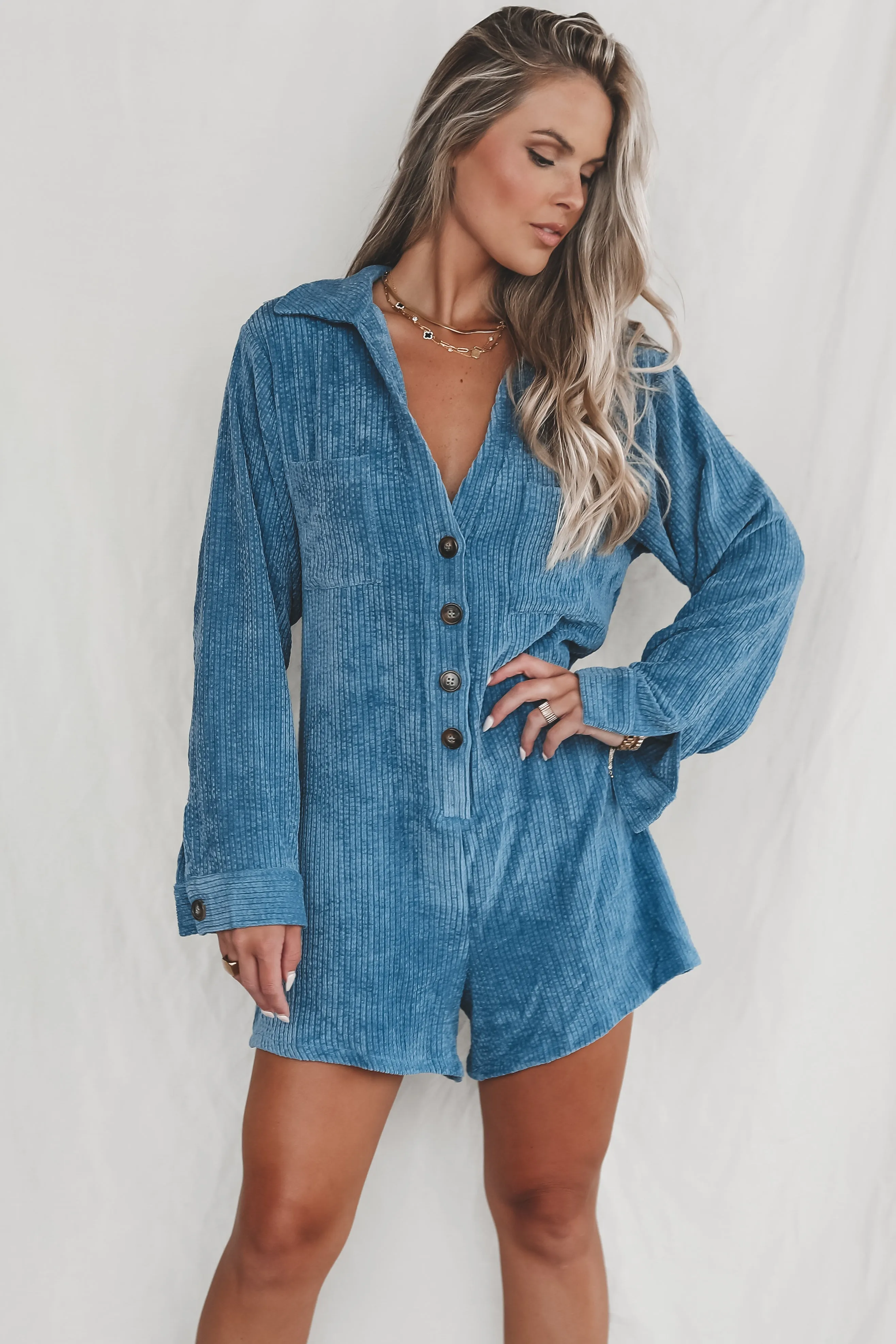 DEAL Bright And Early Blue Corduroy Romper