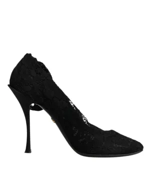 Dolce&Gabbana Women Black Pumps Nylon Floral Lace Socks High Heel Shoes Sz EU 41