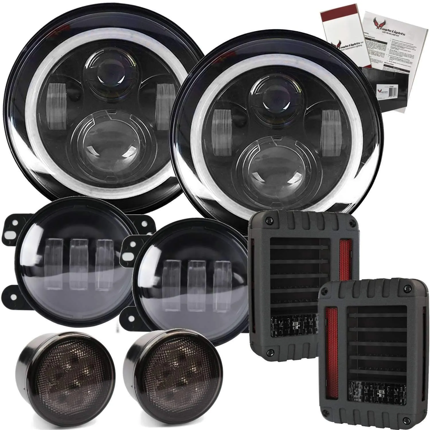 Eagle Lights 7" LED Headlight Kit for Jeeps with White LED Halo Rings - Double Pack
