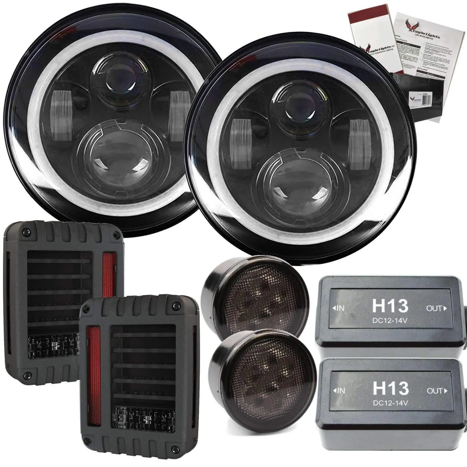Eagle Lights 7" LED Headlight Kit for Jeeps with White LED Halo Rings - Double Pack