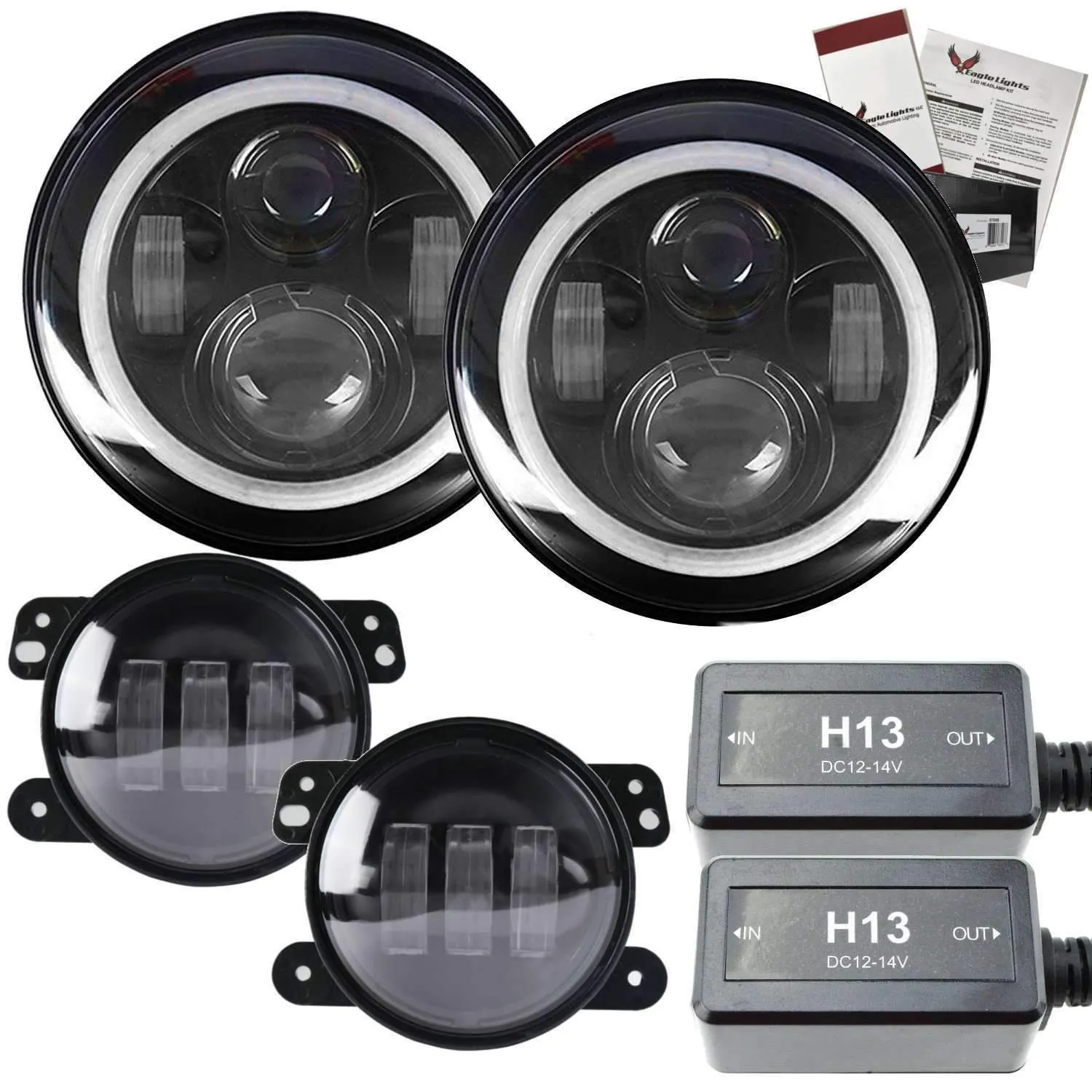 Eagle Lights 7" LED Headlight Kit for Jeeps with White LED Halo Rings - Double Pack