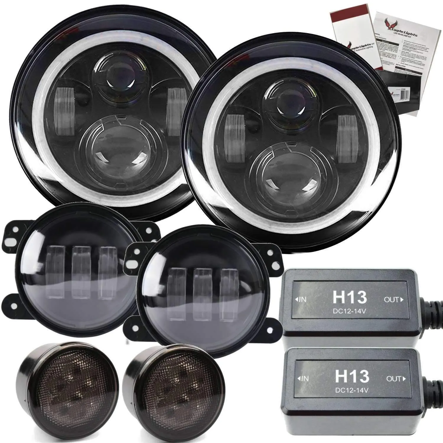 Eagle Lights 7" LED Headlight Kit for Jeeps with White LED Halo Rings - Double Pack