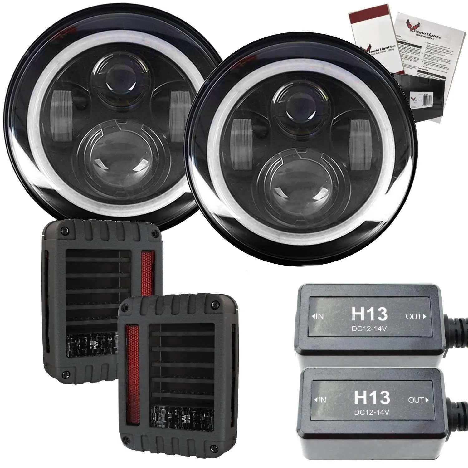 Eagle Lights 7" LED Headlight Kit for Jeeps with White LED Halo Rings - Double Pack