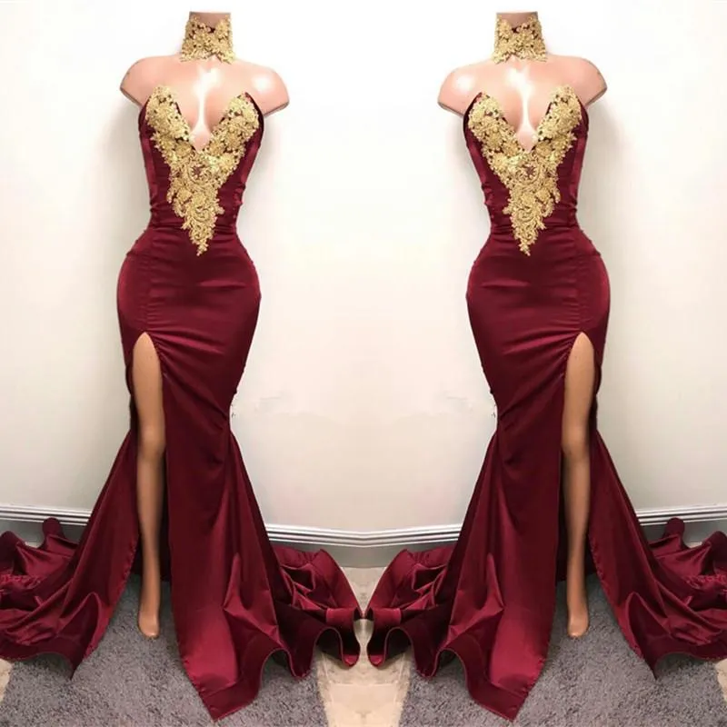 Elegant Burgundy Mermaid Appliques High Neck Split Sexy Prom Dresses OKA83