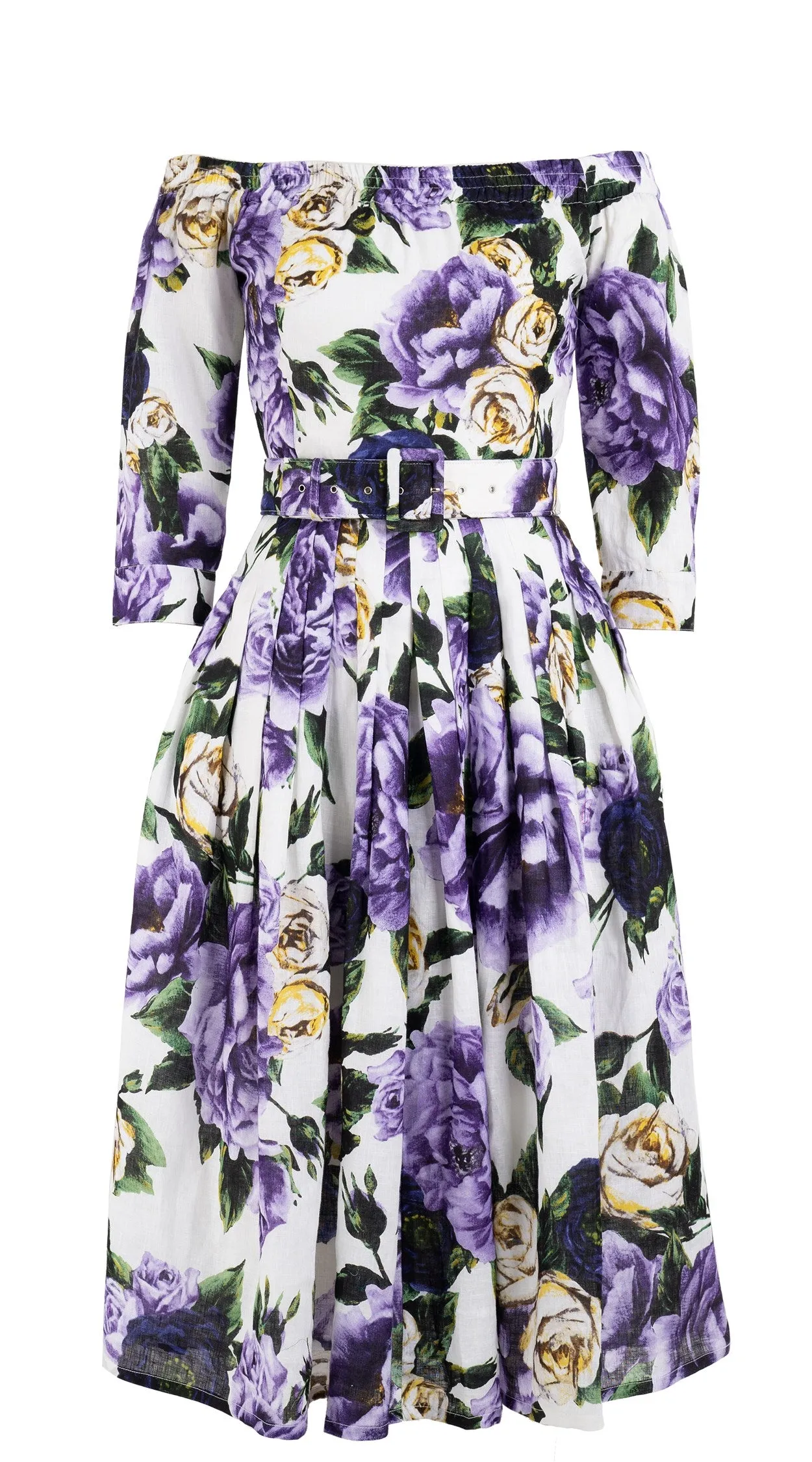 Florance Dress #2 Off Shoulder 3/4 Sleeve Long  3 Length Linen (Peony Kimono All Over)