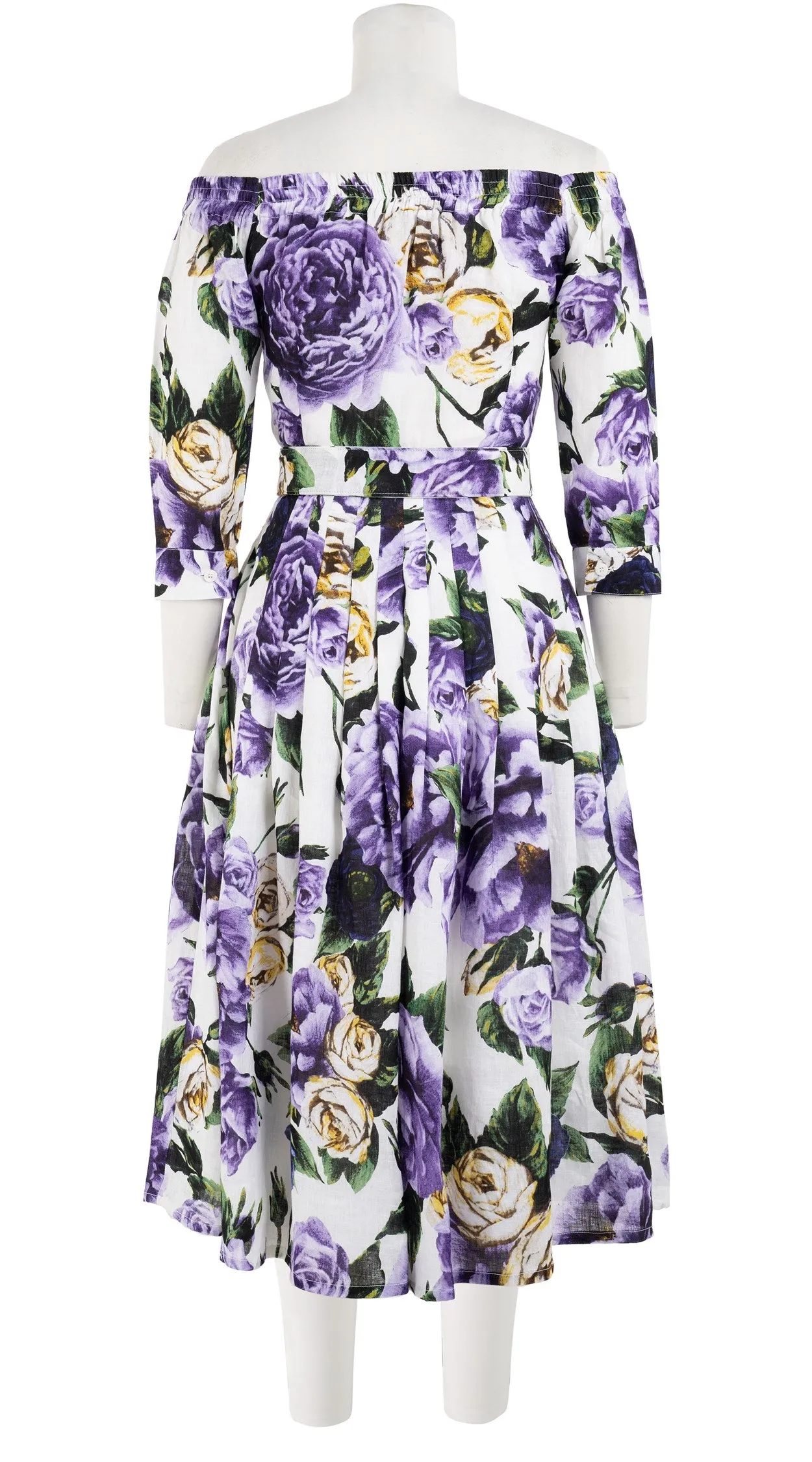 Florance Dress #2 Off Shoulder 3/4 Sleeve Long  3 Length Linen (Peony Kimono All Over)