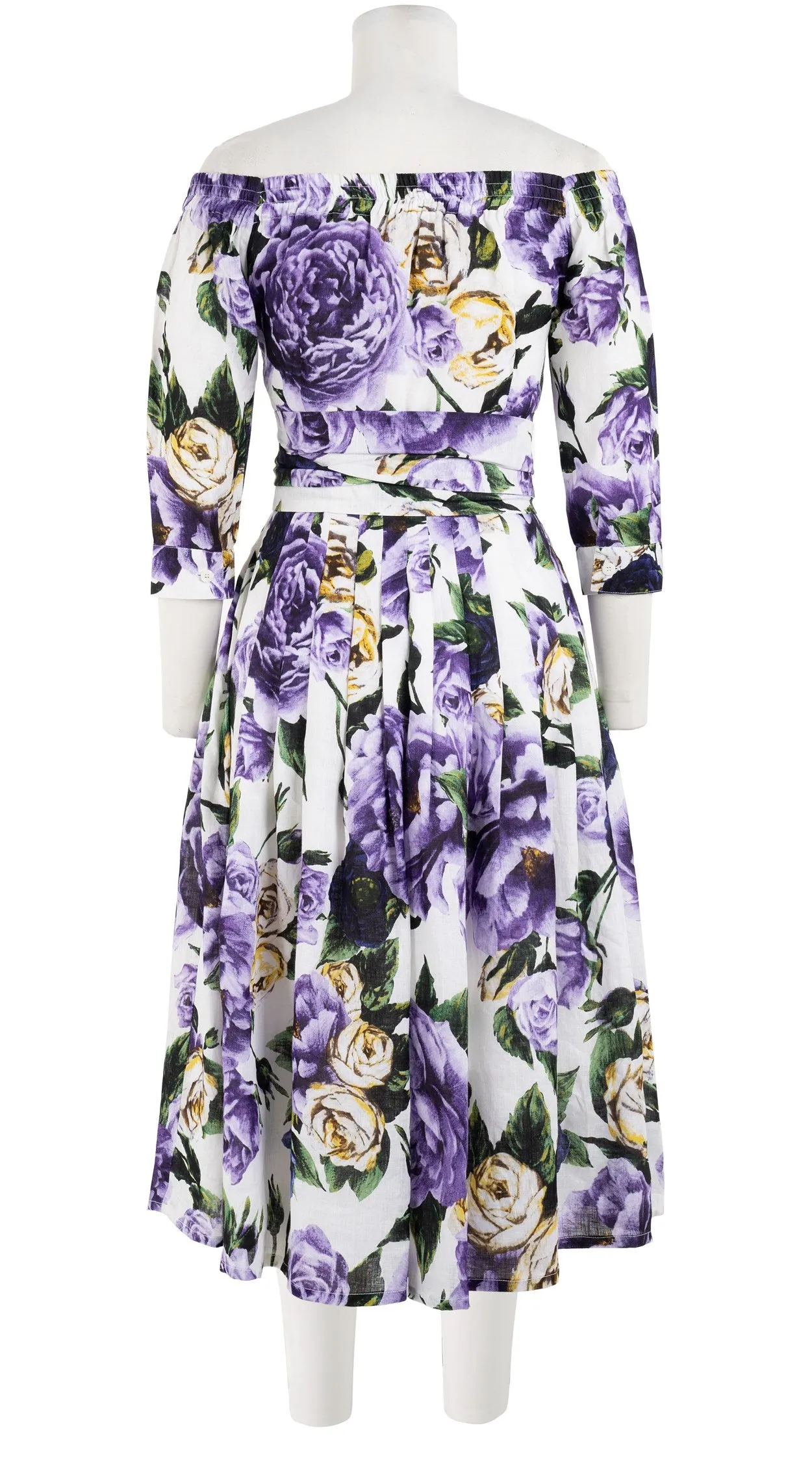 Florance Dress #2 Off Shoulder 3/4 Sleeve Long  3 Length Linen (Peony Kimono All Over)