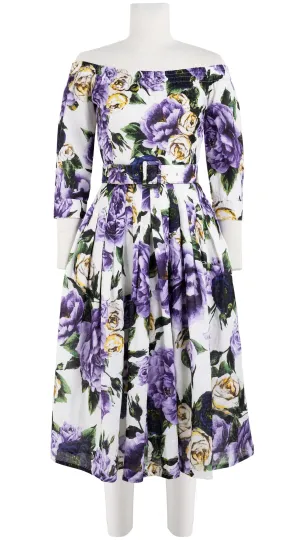 Florance Dress #2 Off Shoulder 3/4 Sleeve Long  3 Length Linen (Peony Kimono All Over)