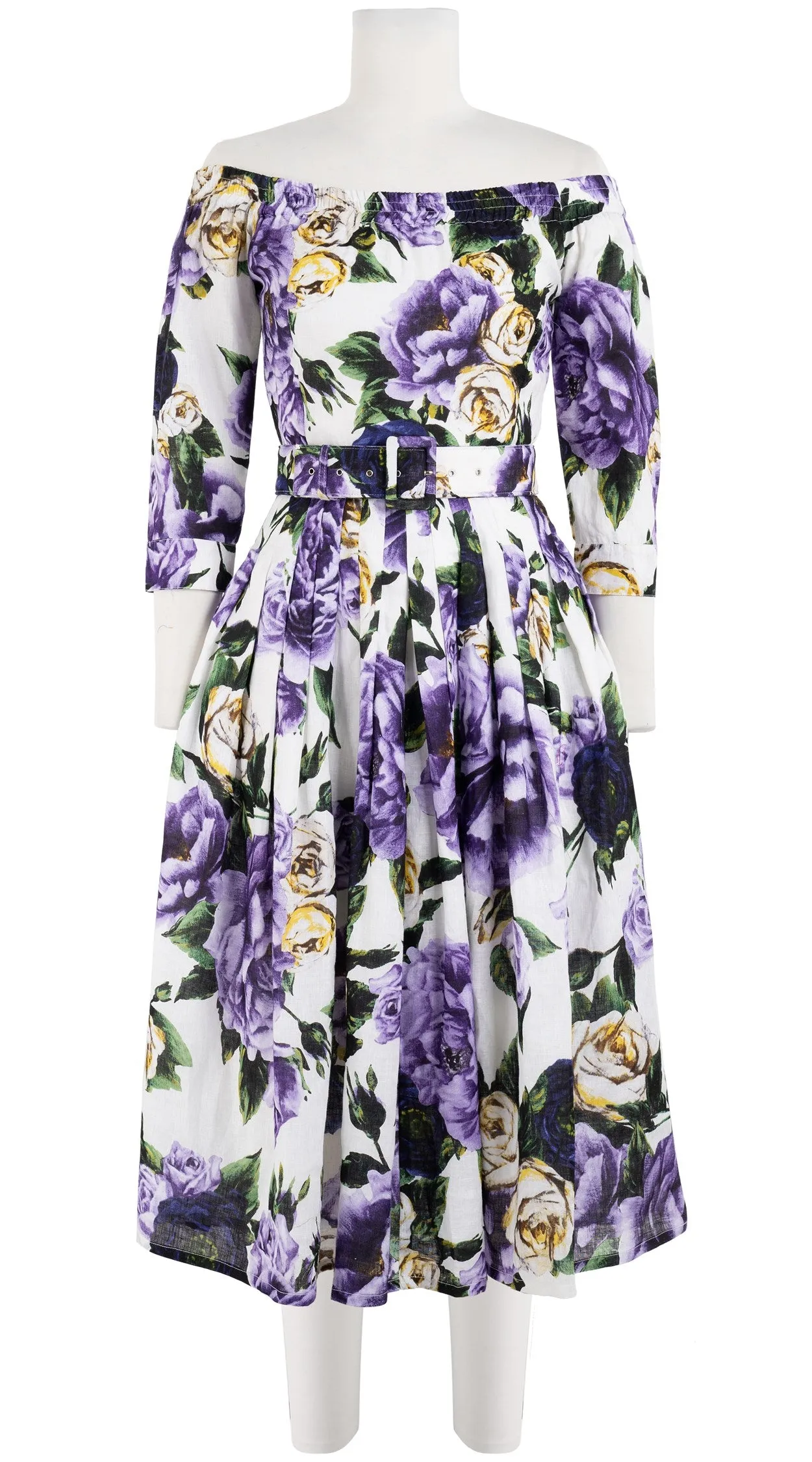Florance Dress #2 Off Shoulder 3/4 Sleeve Long  3 Length Linen (Peony Kimono All Over)