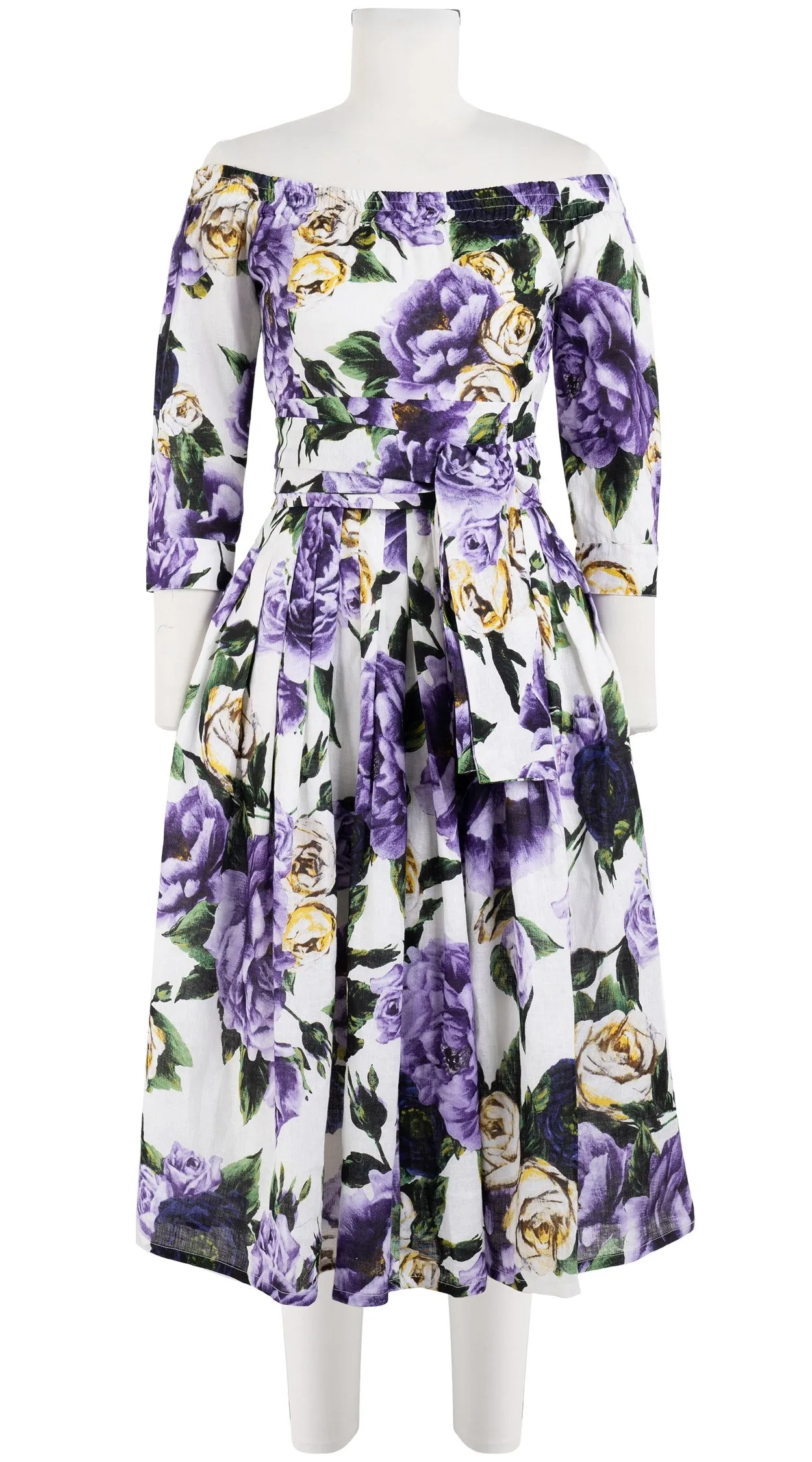 Florance Dress #2 Off Shoulder 3/4 Sleeve Long  3 Length Linen (Peony Kimono All Over)