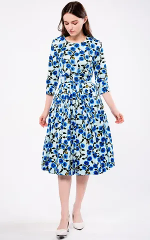 Florance Dress Crew Neck 3/4 Sleeve Long Length Cotton Stretch (Azalea Flower Small)