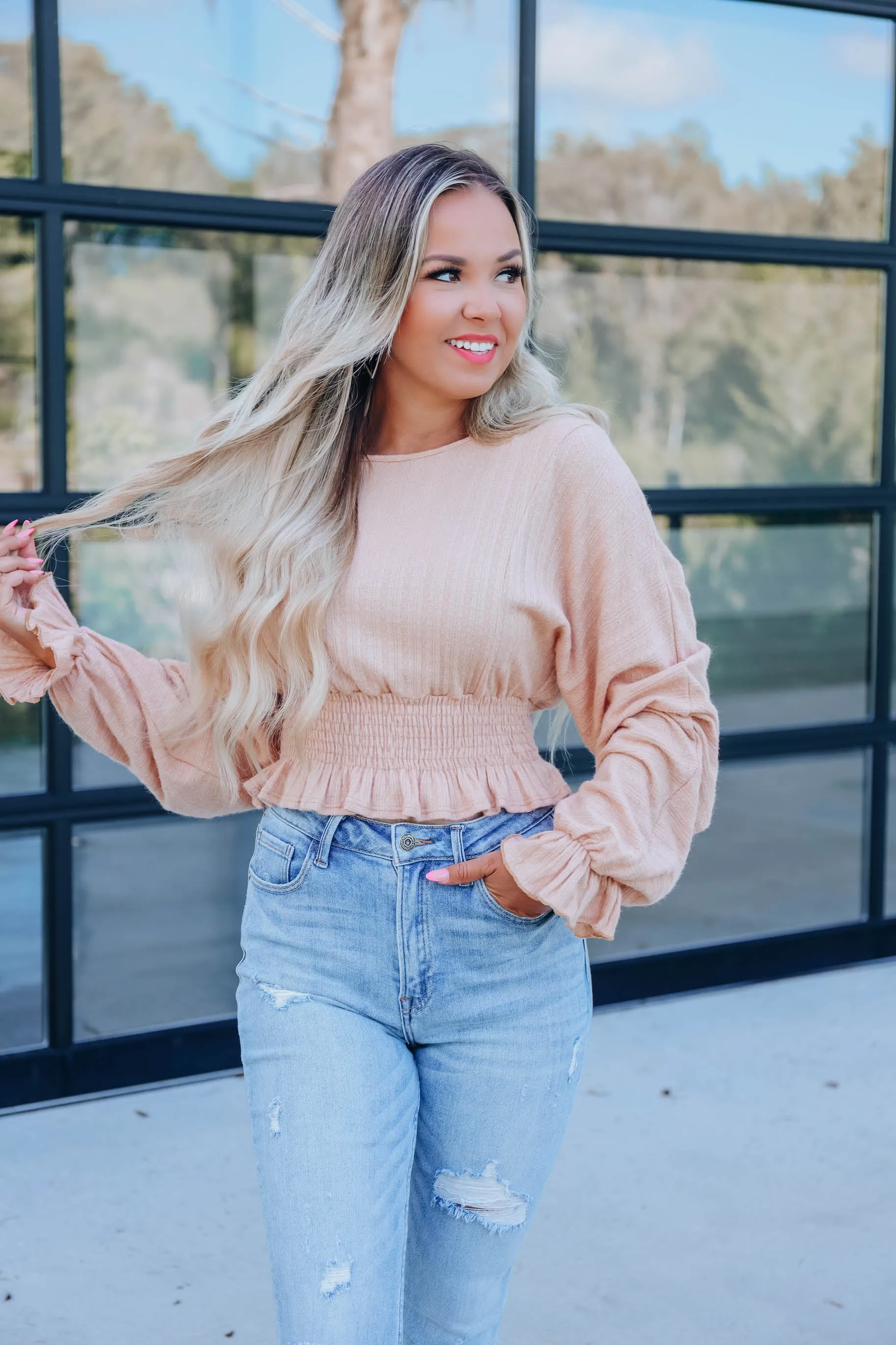 Giselle Knit Smocked Top - Taupe