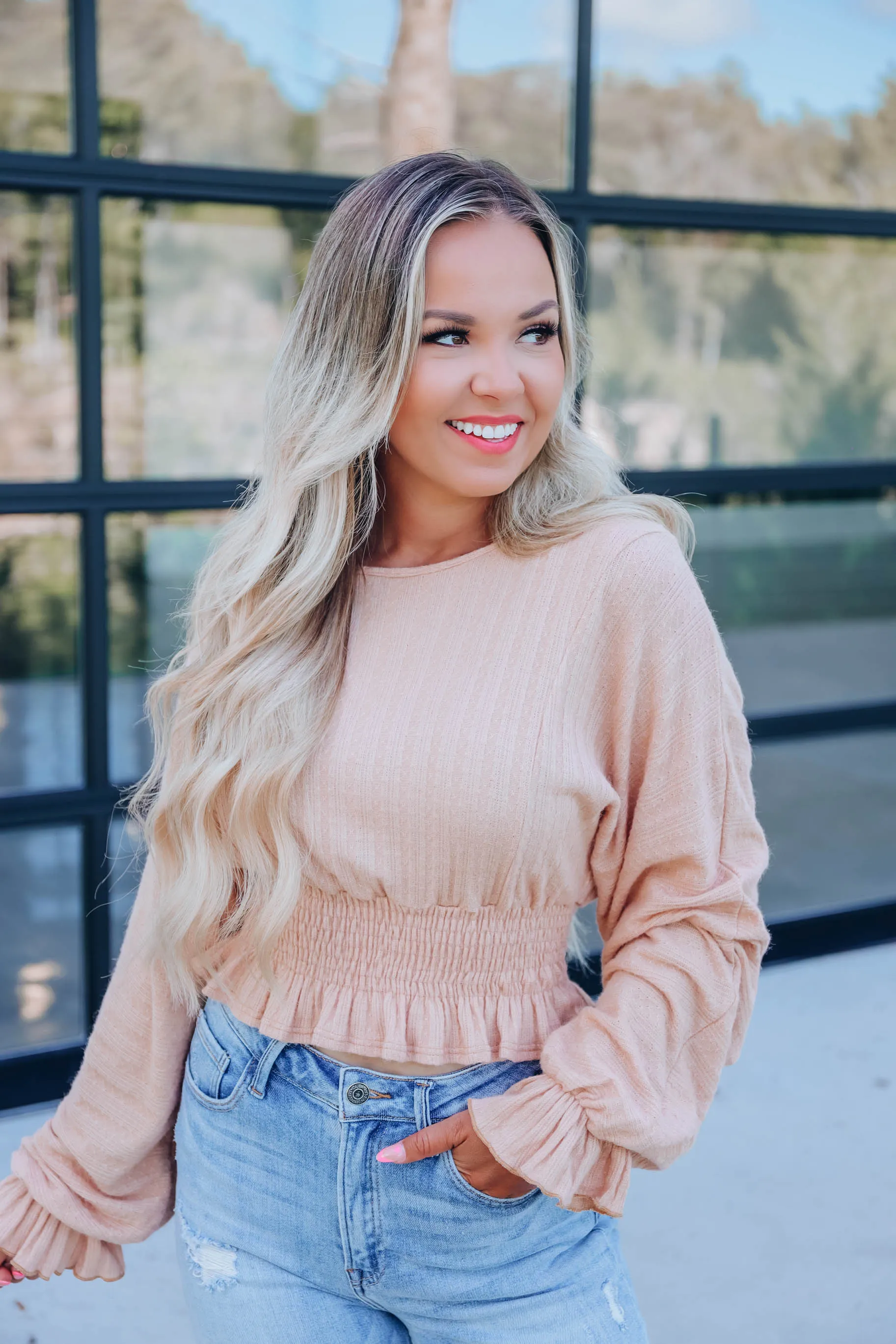 Giselle Knit Smocked Top - Taupe