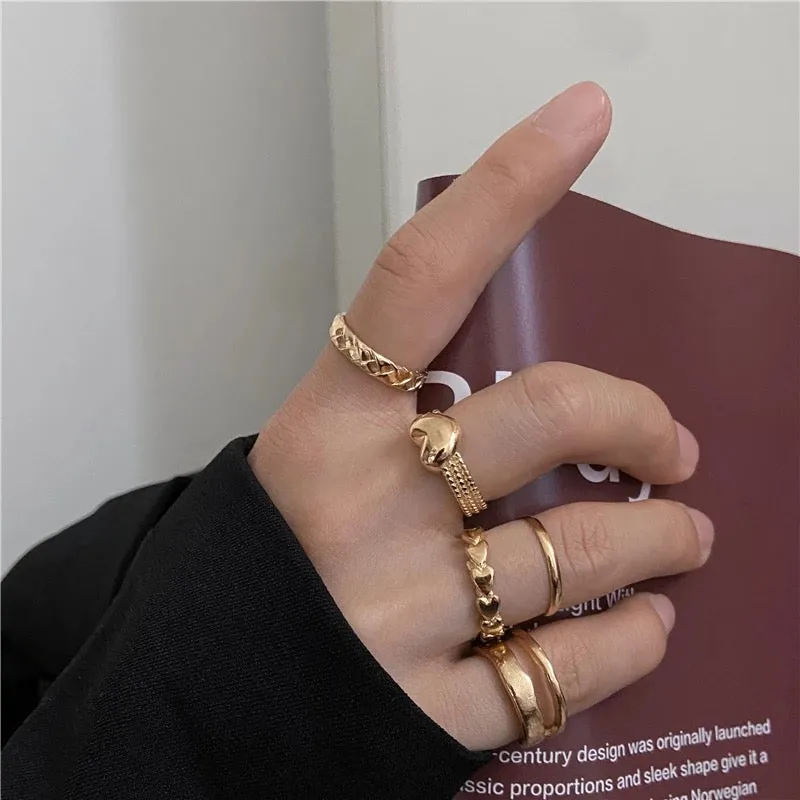 Gold Plated 6 Piece Simple Heart Plain Ring Set