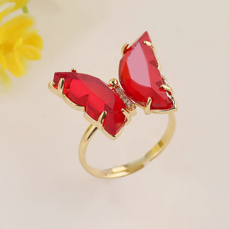 Gold Plated Red Crystal Butterfly Ring