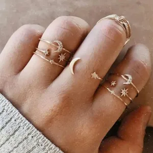 Gold Plated Seven Piece Moon Star Ring Set