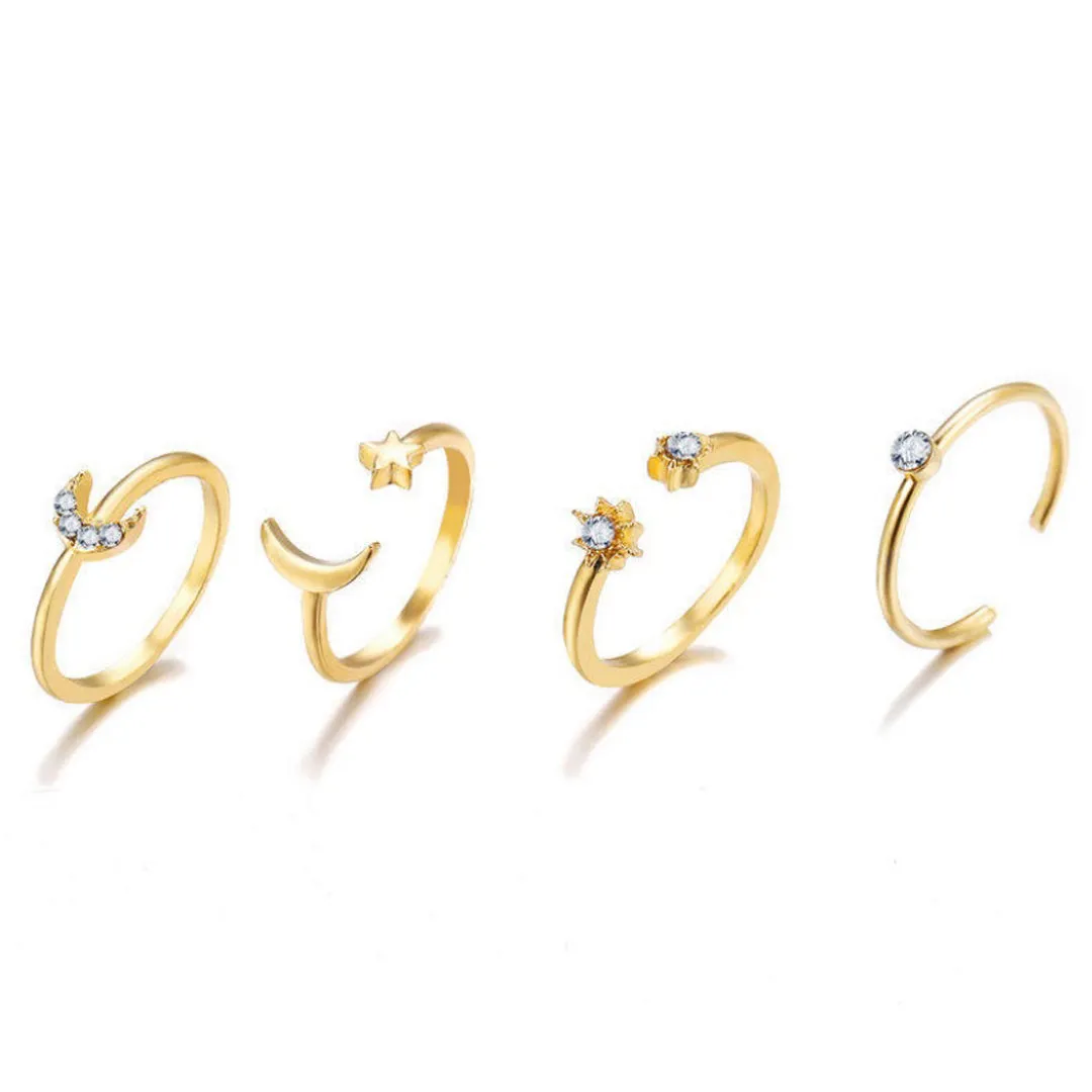 Gold Plated Seven Piece Moon Star Ring Set
