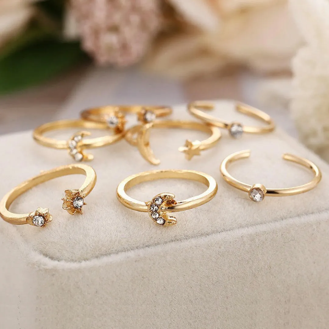 Gold Plated Seven Piece Moon Star Ring Set
