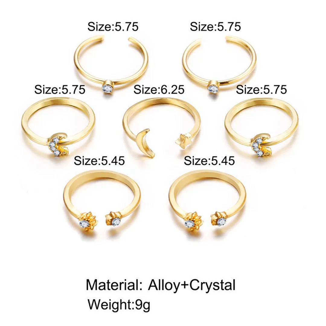 Gold Plated Seven Piece Moon Star Ring Set