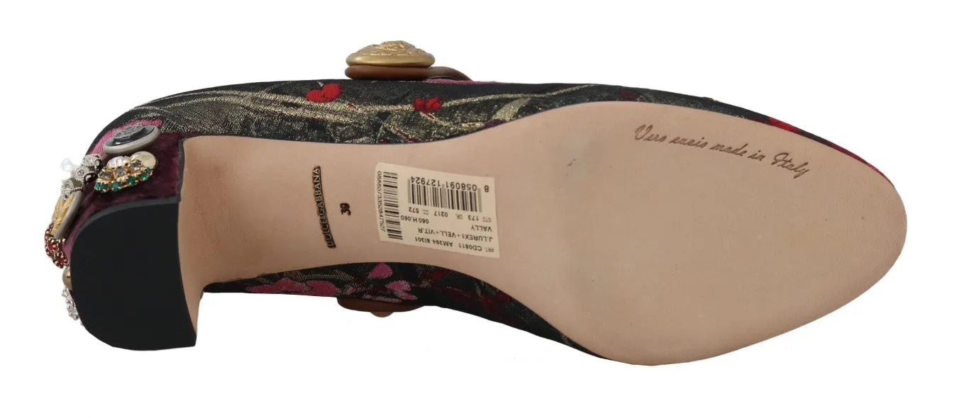 Gold Red Jacquard Crystal Mary Janes Shoes