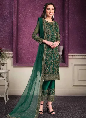 Green Heavy Net Embroidered Straight Pant Style Suit