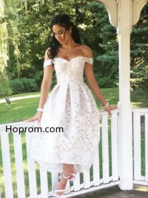 High Low White Lace Off the shoulder Homecoming Dress Bridesmaid Dress