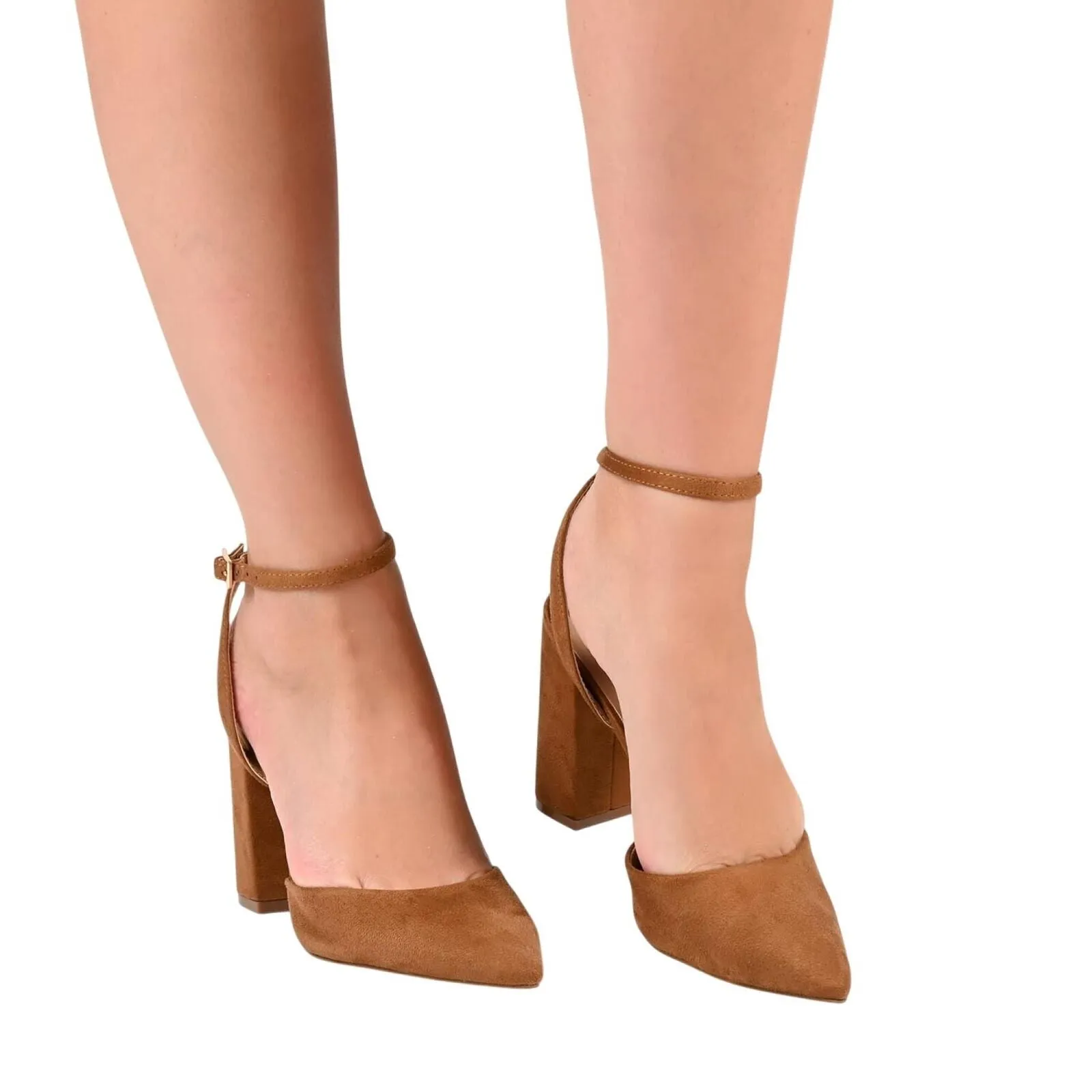 Journee Collection Tyyra Buckle High Block Heel Pointed Toe Pumps Tan Brown 7M