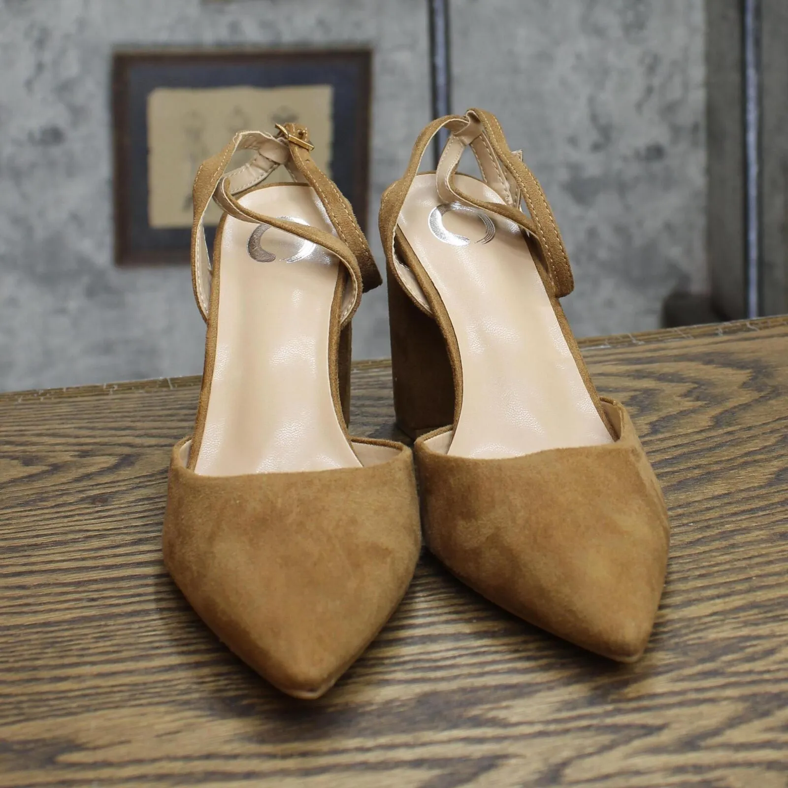 Journee Collection Tyyra Buckle High Block Heel Pointed Toe Pumps Tan Brown 7M