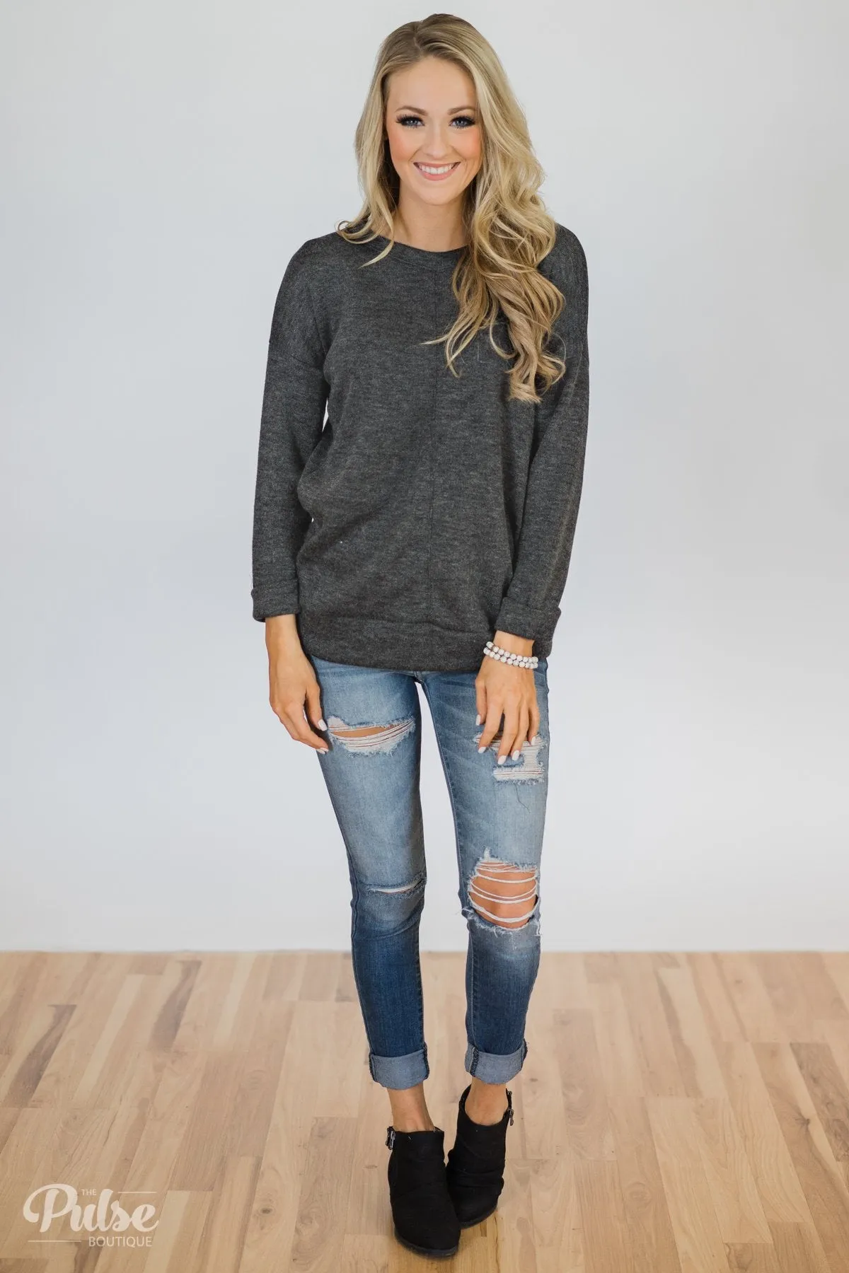 Just Stay Pullover- Charcoal Grey