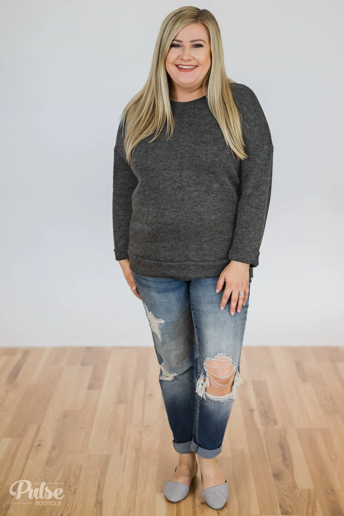 Just Stay Pullover- Charcoal Grey