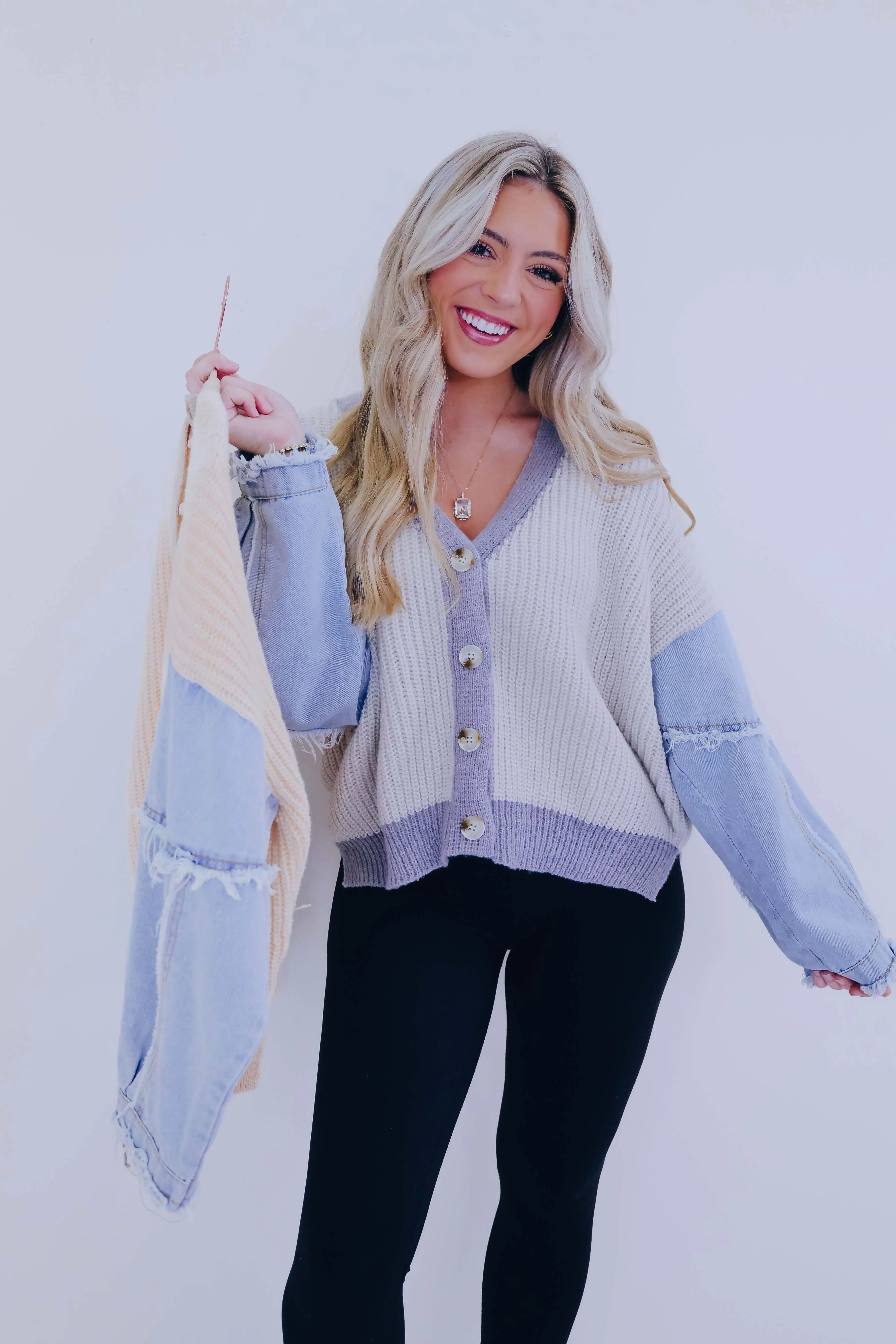 Kalie Knit and Denim Button Front Cardigan- 2 Colors