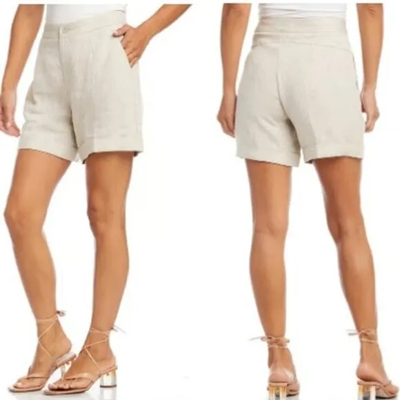 Karen Kane High Waisted Zip Fly Pleated Shorts Linen Oatmeal Womens Size XL NWT