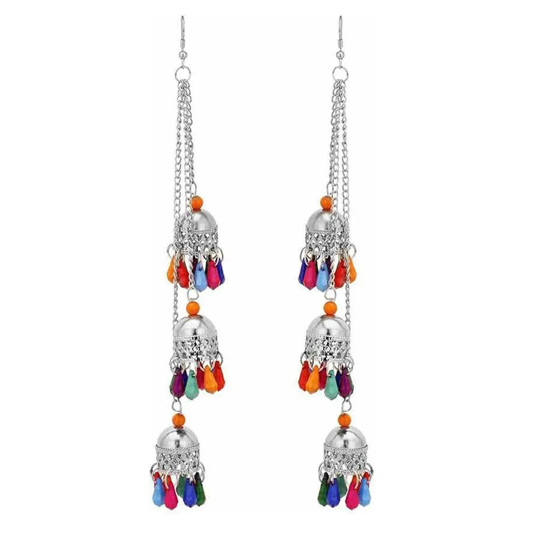 Kashmiri Silver Multicolor Ghungroo Layered Jhumki