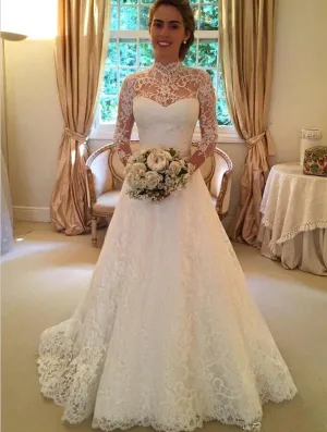 Lace Long Sleeves High Neck Wedding Dresses Court Train Ball Gown