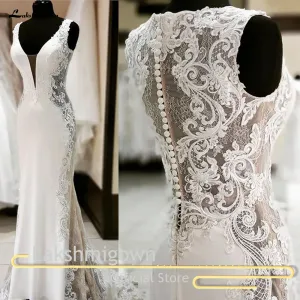 Latest Design White Lace Applique Elegant Mermaid Wedding Dress with Sweep Train Off White Satin Wedding Gowns Trouwjurk Long