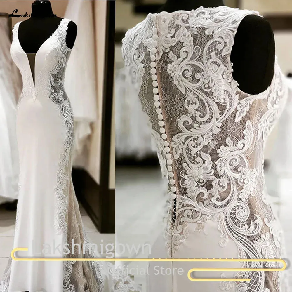 Latest Design White Lace Applique Elegant Mermaid Wedding Dress with Sweep Train Off White Satin Wedding Gowns Trouwjurk Long